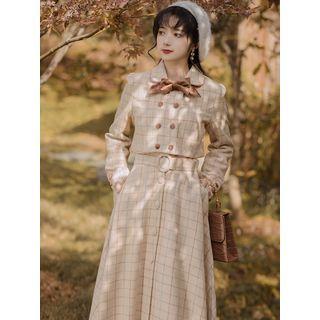 Plaid Cropped Button Jacket / Midi Jumper Dress / Bow Tie / Set
