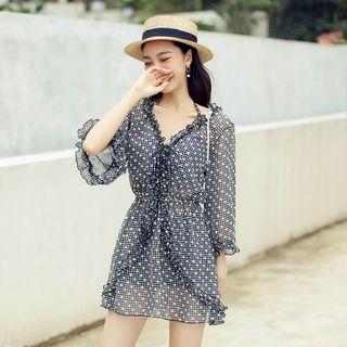 Set: Pattern Bikini Top + Bottom + Cover-up Dress