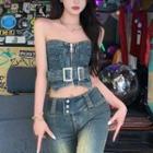 Belted Denim Tube Top / High-waist Boot-cut Jeans