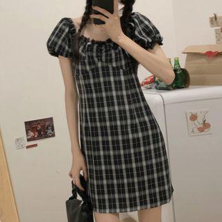 Plaid Puff-sleeve Mini A-line Dress Plaid - Black & White - One Size
