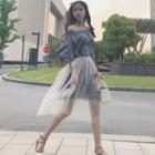 Set: Off-shoulder Bell-sleeve A-line Dress + Mesh Midi Skirt
