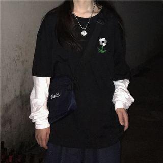 Mock Two-piece Long-sleeve Flower Embroidered T-shirt Black - One Size