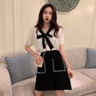 Color-block Lace-up Knit Top / Plain High-waist Skirt