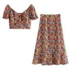 Set: Floral Short-sleeve Top + Skirt