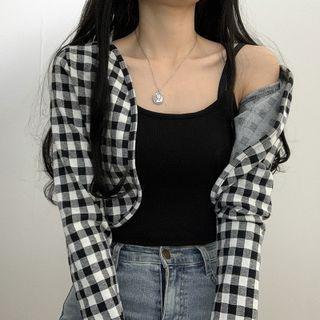 Set: Plain Camisole Top + Gingham Cropped Cardigan