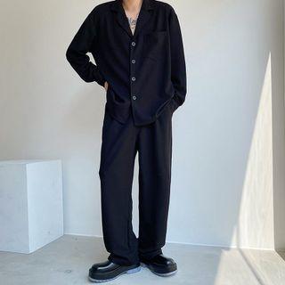 Set: Long-sleeve Plain Shirt + Straight Leg Dress Pants
