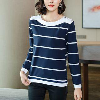 Long-sleeve Stripe Button T-shirt