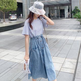 Striped Panel Denim Midi A-line Dress