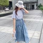 Striped Panel Denim Midi A-line Dress