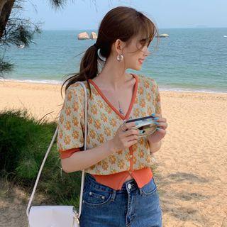 Short-sleeve Floral Cardigan As Shown In Figure - One Size