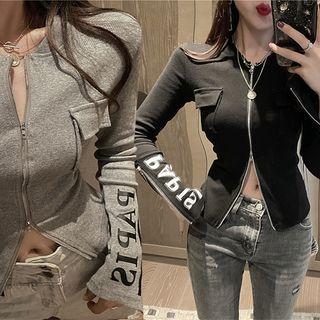 Letter-printed Zip-detail Slim-fit Jacket Black - One Size