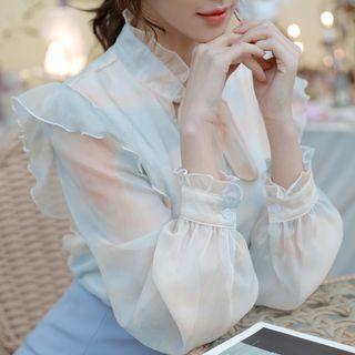 Tie-dyed Ruffled Tie-neck Chiffon Blouse