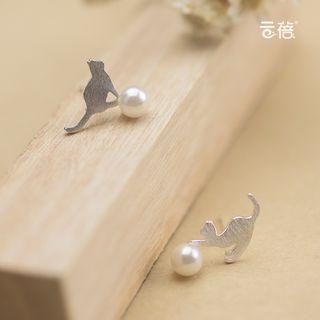 925 Sterling Silver Cat Stud Earring 1 Pair - As Shown In Figure - One Size