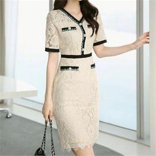 Contrast-trim Laced Sheath Dress