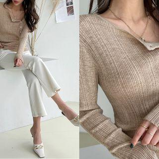 Asymmetric-button Ribbed-knit Top