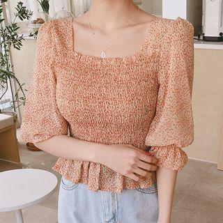 Elbow-sleeve Floral Peplum Top