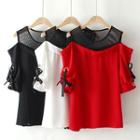 Elbow-sleeve Cold Shoulder Mesh Paneled Top