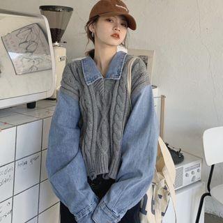 Mock Two-piece Denim Panel Cable Knit Sweater
