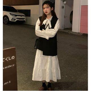 Bow Accent Long-sleeve Midi A-line Dress / Asymmetric Hem Vest