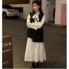 Bow Accent Long-sleeve Midi A-line Dress / Asymmetric Hem Vest