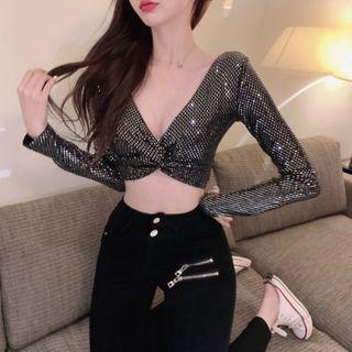 Sequined Long-sleeve Crop Top Silver - One Size