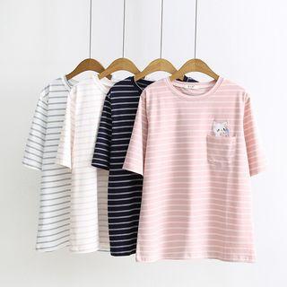 Short-sleeve Cat Embroidery Striped T-shirt