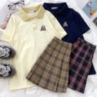 Short-sleeve Bear Embroidered Polo Shirt / Plaid Pleated Mini A-line Skirt