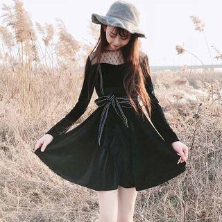 Mesh Panel Tie-waist Long-sleeve Dress