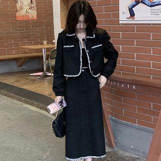 Contrast Trim Tweed Jacket / Back-slit Midi Skirt