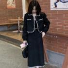 Contrast Trim Tweed Jacket / Back-slit Midi Skirt