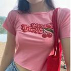 Lettering Cherry Print Cropped T-shirt