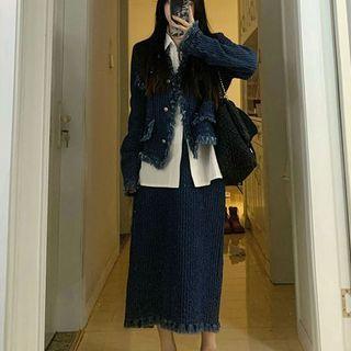 Distressed Denim Jacket / Long-sleeve Zip Shirt / Denim Pencil Skirt