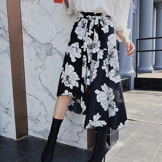 Flower Print Asymmetrical A-line Midi Skirt