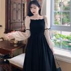Balloon-sleeve Two-tone Midi A-line Dress
