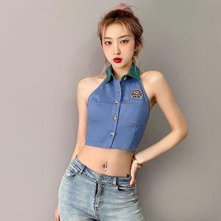 Rainbow Embroidered Collared Cropped Halter Top