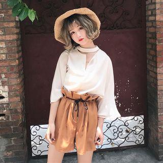 Set : 3/4-sleeve Chiffon Top + Wide Leg Shorts