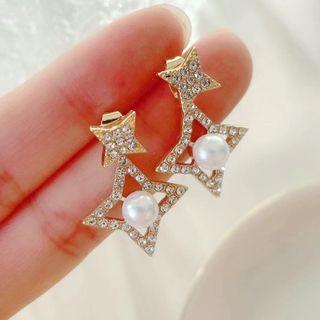 Star Rhinestone Faux Pearl Alloy Dangle Earring 1 Pair - White Faux Pearl - Gold - One Size