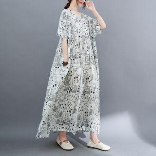 Short-sleeve Patterned Maxi Smock Dress White - One Size