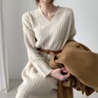 Long Sleeve V Neck Ribbed Knit Dress