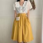 Peter-pan-collar Short-sleeve Blouse / High-waist A-line Midi Skirt