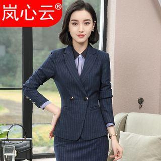 Pinstriped Double-breasted Blazer / Set: Pinstriped Double-breasted Blazer + Dress Pants / Skirt + Contrast Collar Shirt