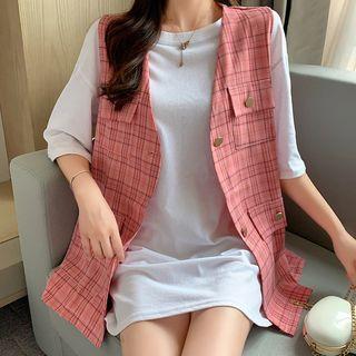 Elbow-sleeve Crew-neck T-shirt / Plaid Vest