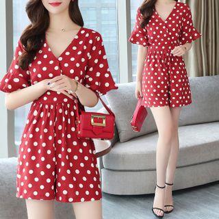 Short-sleeve Dotted V-neck Playsuit