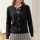 Long-sleeve Tie-neck Knit Top Black - One Size