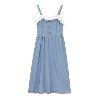 Sleeveless Frill Trim Denim Dress