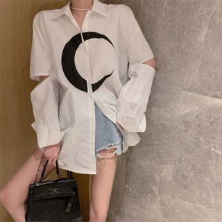 Elbow-cutout Crescent Print Shirt