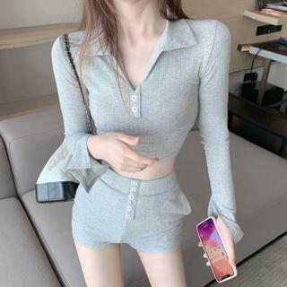 Set: Long-sleeve Cropped Polo Shirt + Shorts Gray - One Size