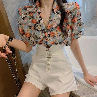 Floral Print Elbow-sleeve Chiffon Blouse / High-waist Shorts