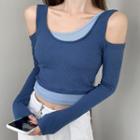 Off-shoulder Long-sleeve Mock Two-piece Cropped Top