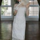 Short-sleeve Faux Pearl Fringe Midi A-line Lace Dress